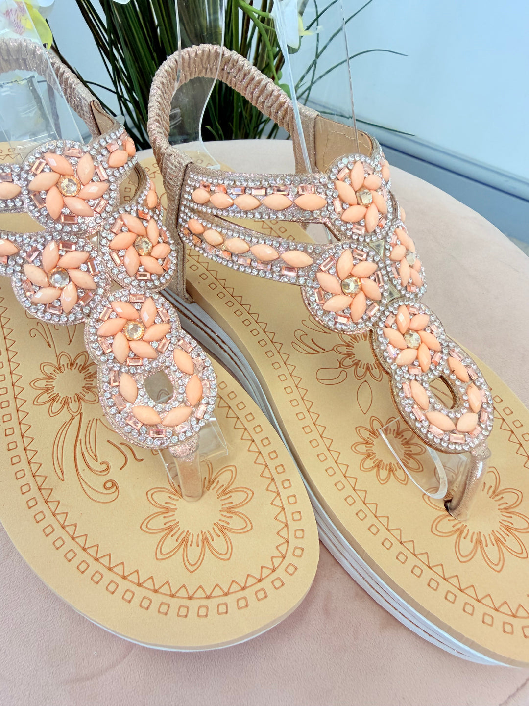 Ladies Fashion Pink Champagne Diamanté Toe Post Sandals