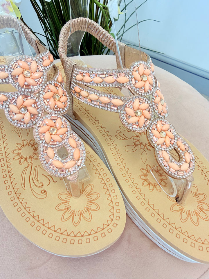 Ladies Fashion Pink Champagne Diamanté Toe Post Sandals