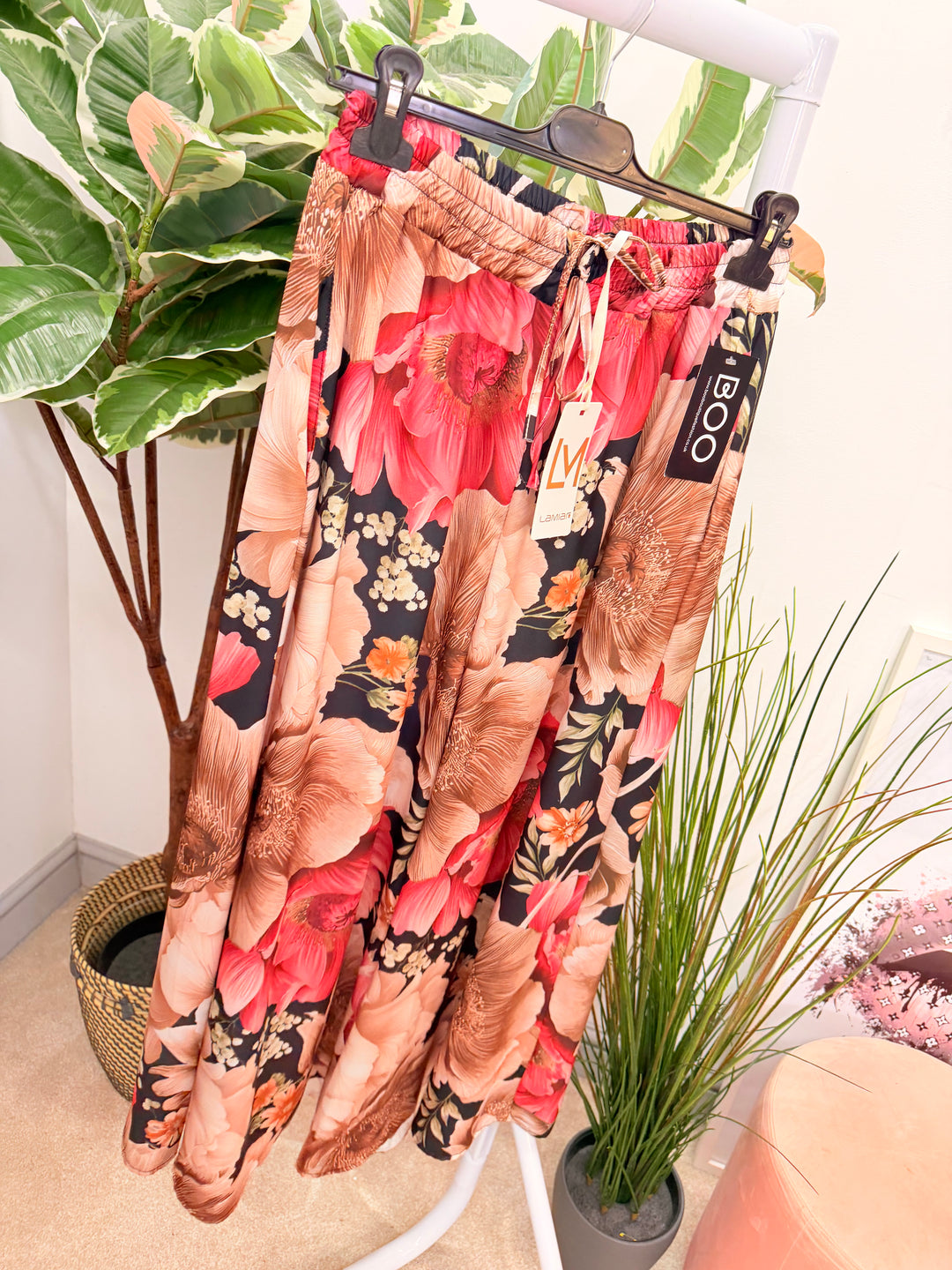 Ladies Satin Flower Print Wide Leg Trousers - Rust, Khaki, Pale Blue, Navy & Black