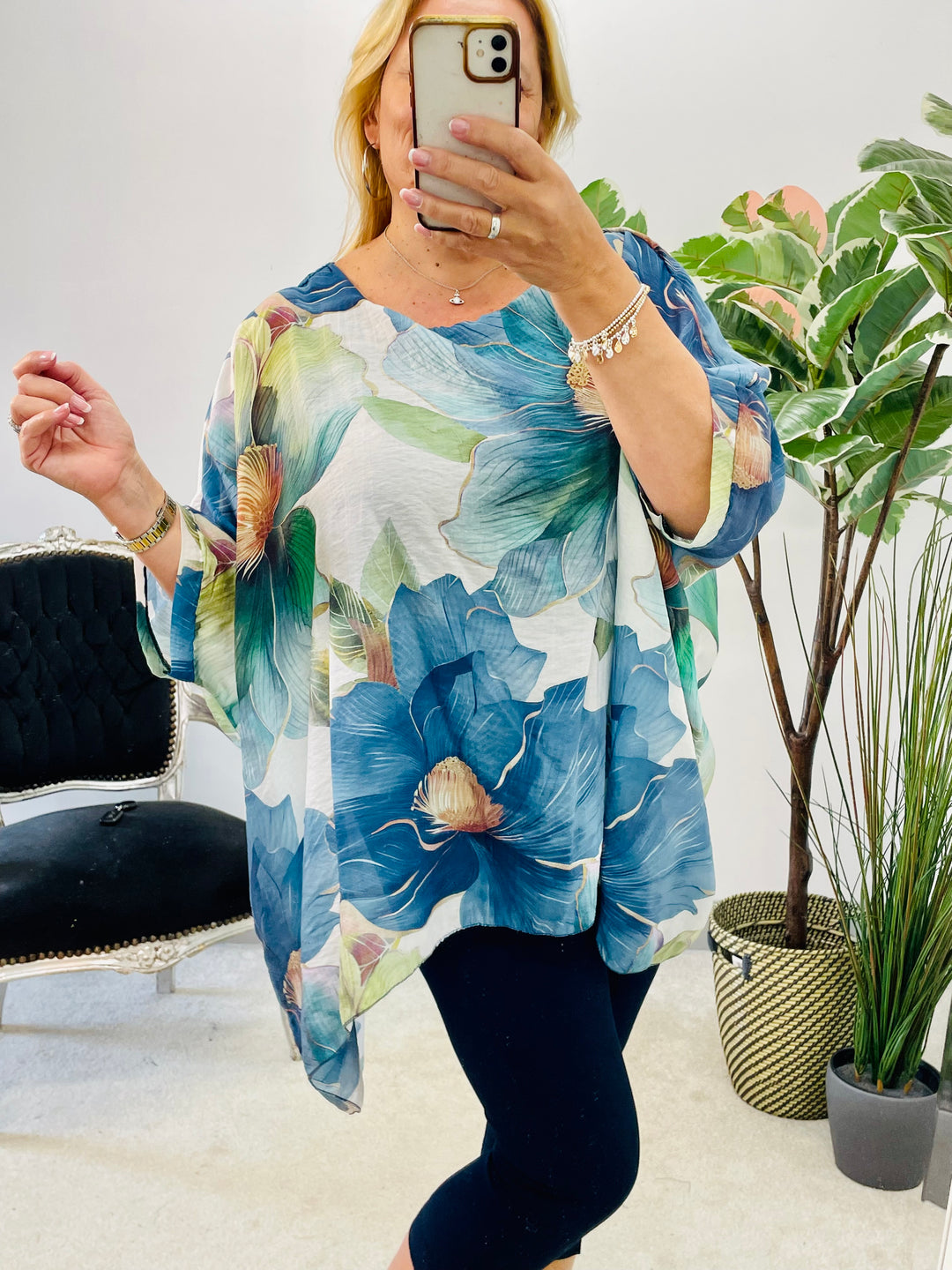 LADIES WOMENS NAVY BLUE FLOATY FEMININE FLORAL PRINT LOOSE FIT TOP BLOUSE