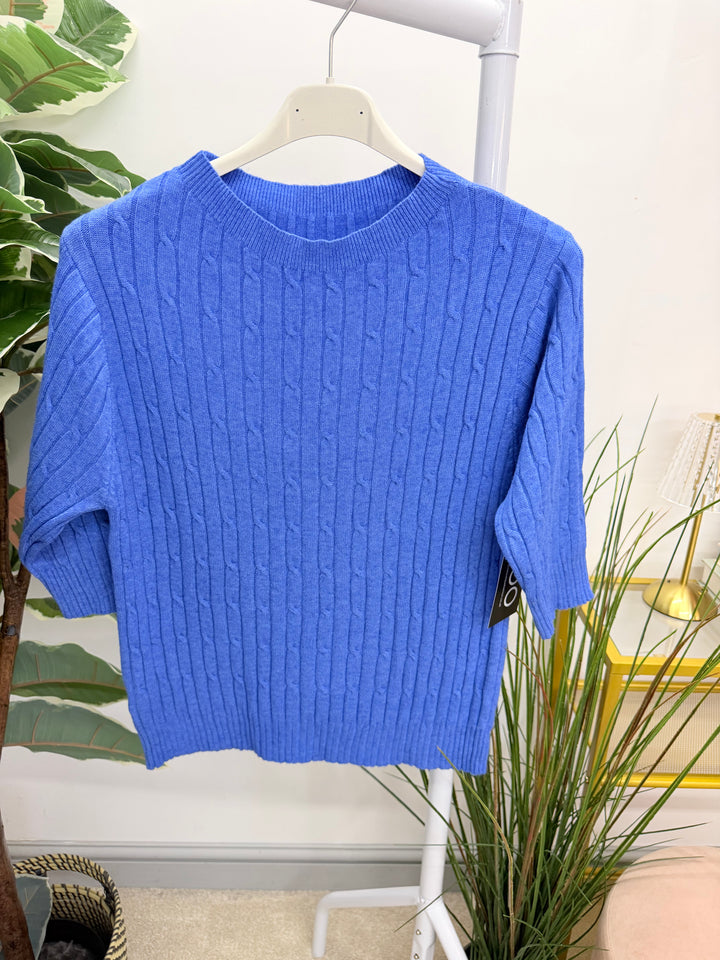 Ladies Inspired Cable Knit Short Sleeve Jumper - Blue, White, Wine, Camel, Brown
