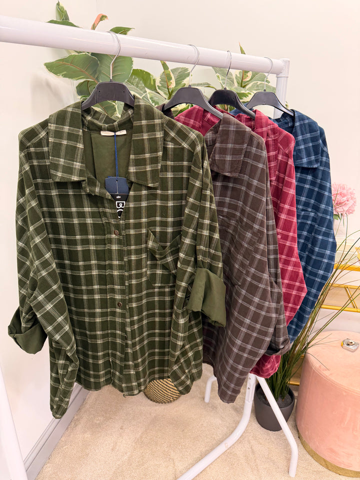 Womens cord check oversize shirt - Wine, Navy, Brown, Khaki