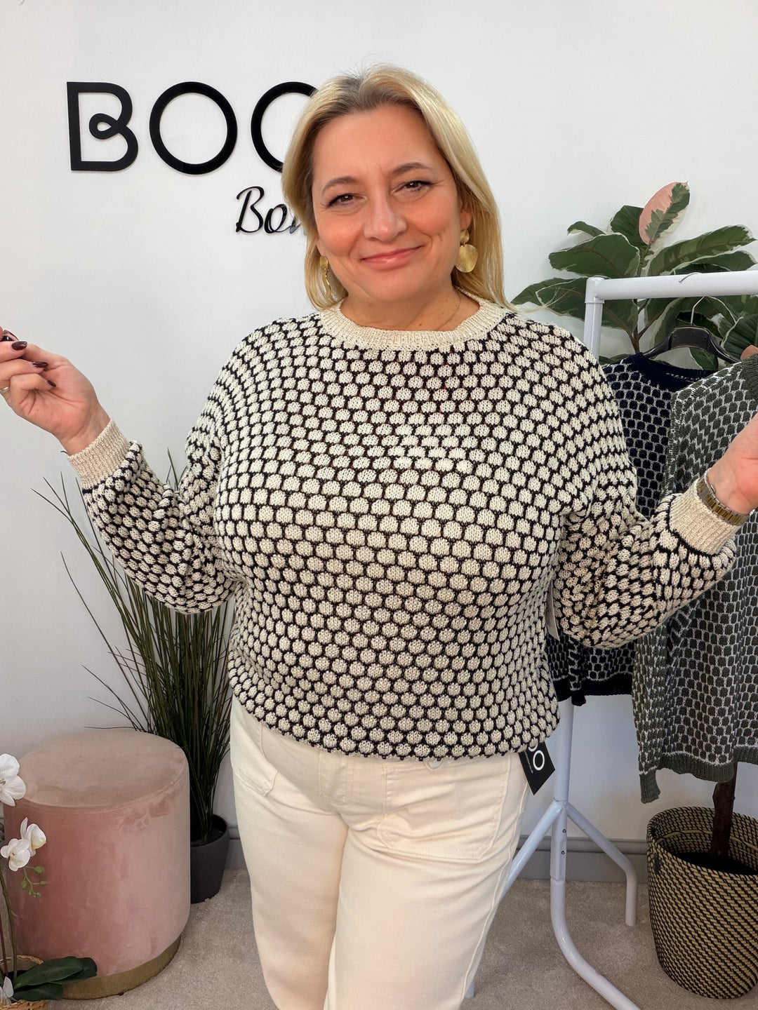 Ladies Fashion Jumper - navy, beige & khaki