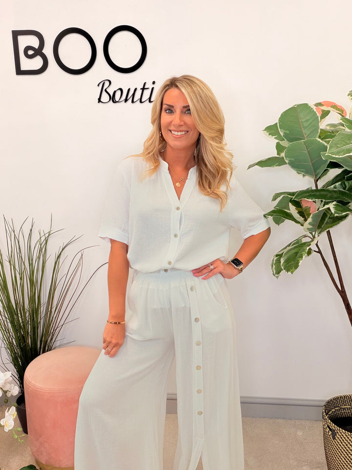 Ladies Fashion Tea Bag Linen Button Up Shirt Top white