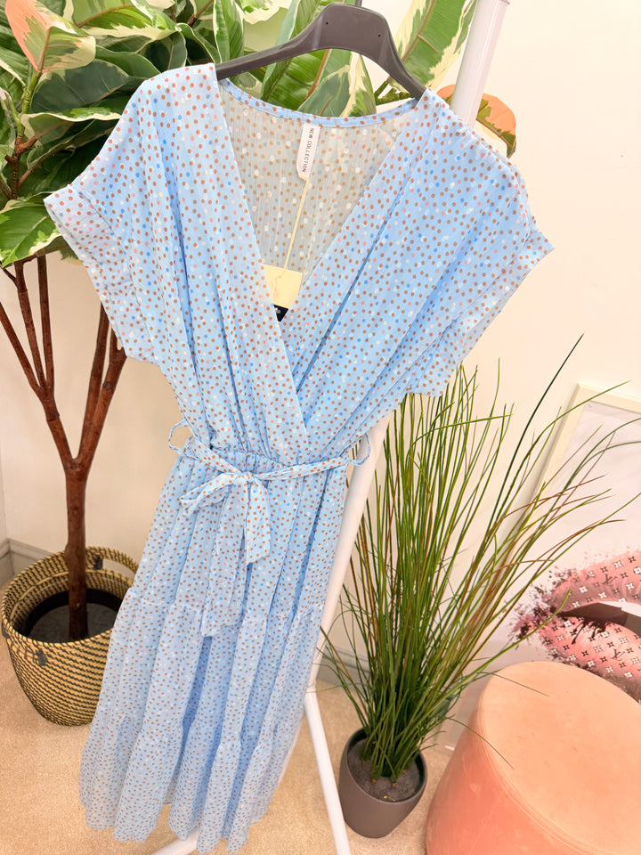 Ladies Fashion Chiffon Polka Dot Wrap Dress - Lemon, Black & Blue