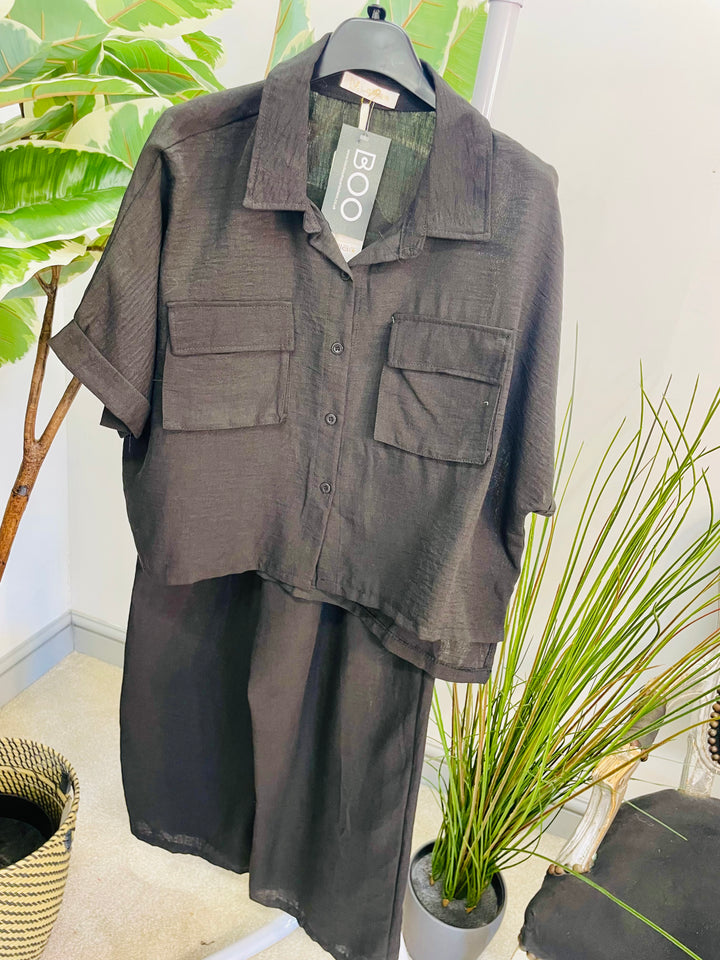 LADIES WIDE LEG TROUSER, CARGO TOP CO ORD SET - KHAKI, BLACK, BROWN, NAVY, CREAM, BEIGE