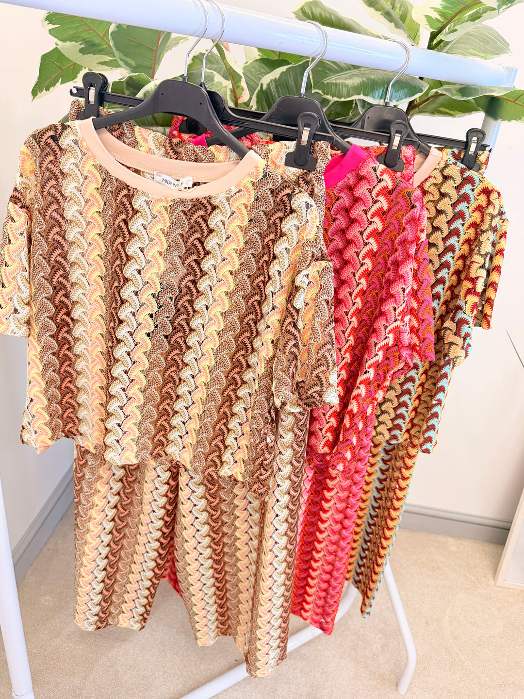 Ladies Crochet Zig Zag Trouser Co Ord Set - Red, Rust, Black