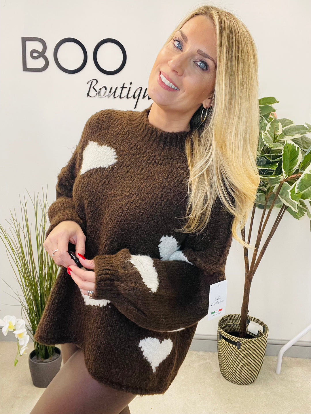 LADIES CHUNKY KNIT HEART JUMPER - MOCHA, BEIGE, BROWN & PINK