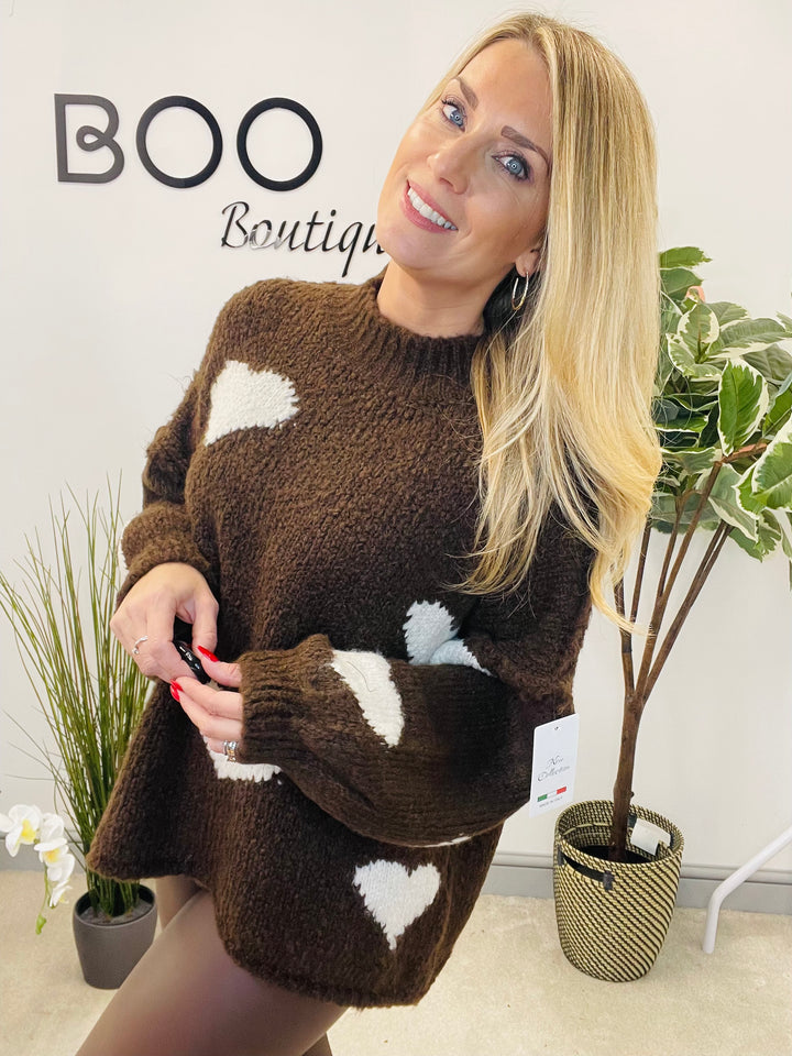 LADIES CHUNKY KNIT HEART JUMPER - MOCHA, BEIGE, BROWN & PINK