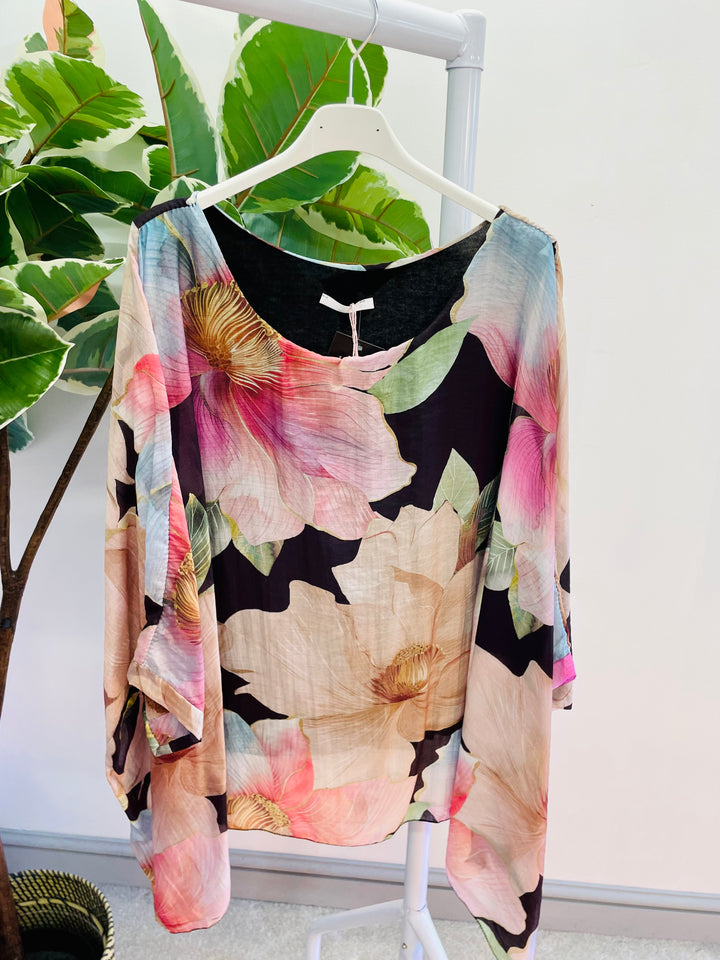 LADIES WOMENS BLACK FLOATY FEMININE FLORAL PRINT LOOSE FIT TOP BLOUSE