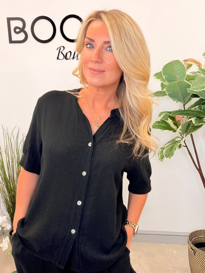 Ladies Fashion Tea Bag Linen Button Up Shirt Top black