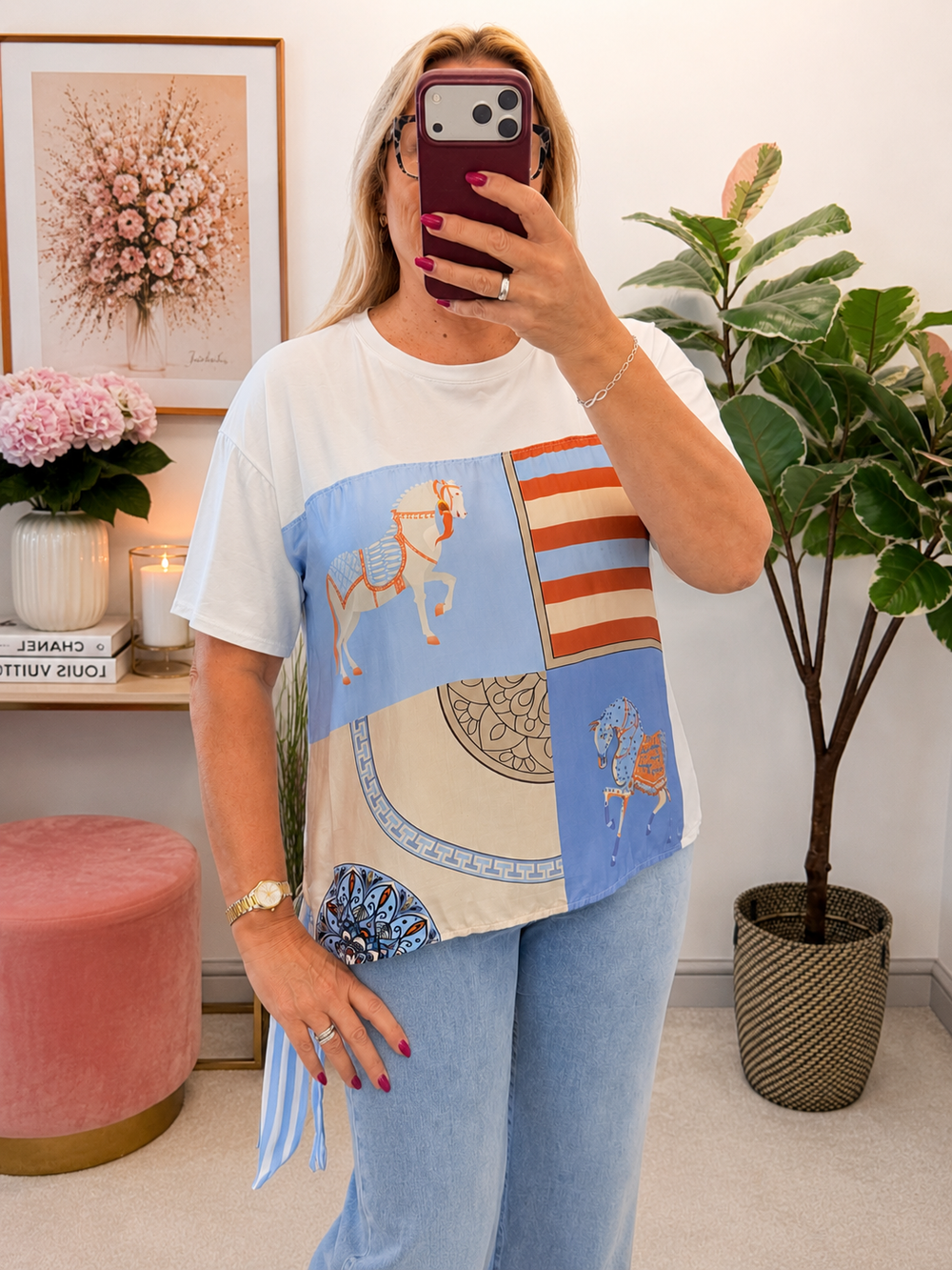 Ladies White Satin T Shirt - Pink & Blue