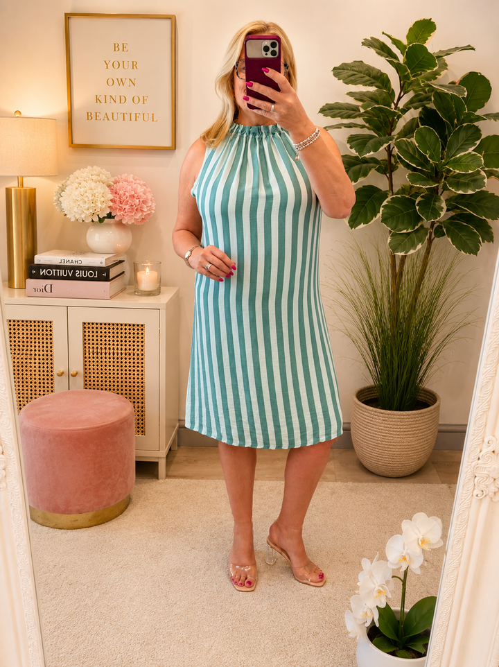 Ladies Candy Stripe High Neck Summer Sun Dress - Brown, Blue, Mint & Pink