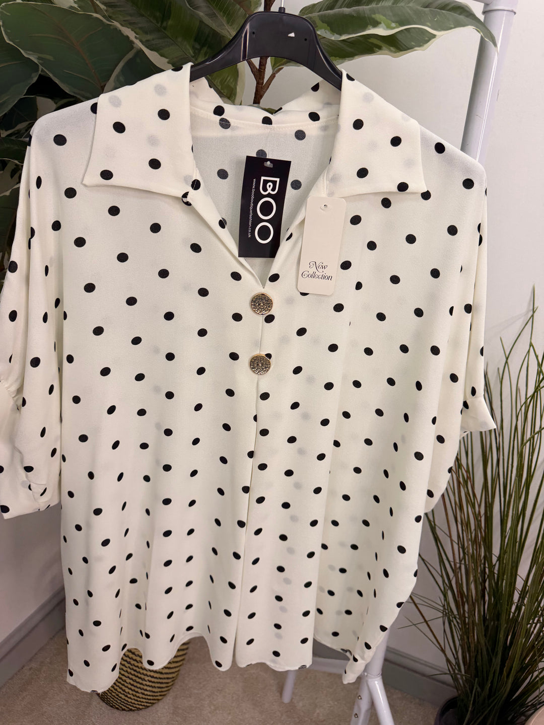 Ladies Curve Polka Dot Loose Fit Top - Navy & White 