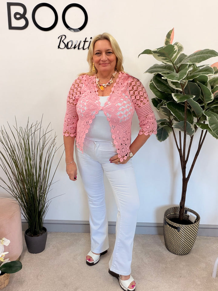 Ladies Fashion Crochet Bolero Cardigan - White, Peach, Blue, Pink, Lemon