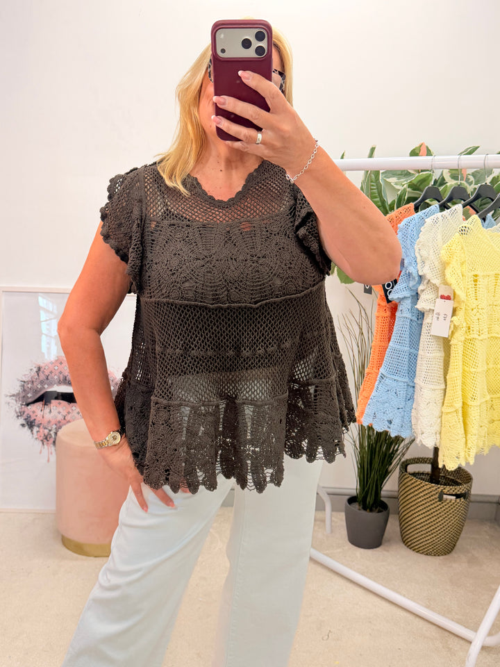 Ladies Pretty Crochet Top - lemon, white, blue, brown & coral 