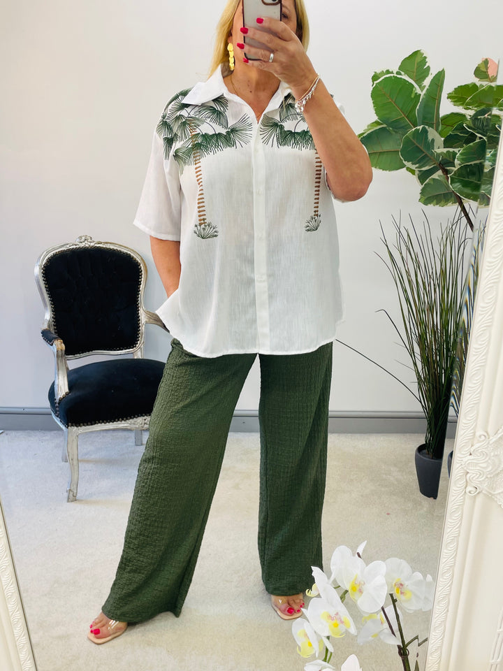 LADIES WOMENS KHAKI WIDE LEG TROUSER CO ORD SET