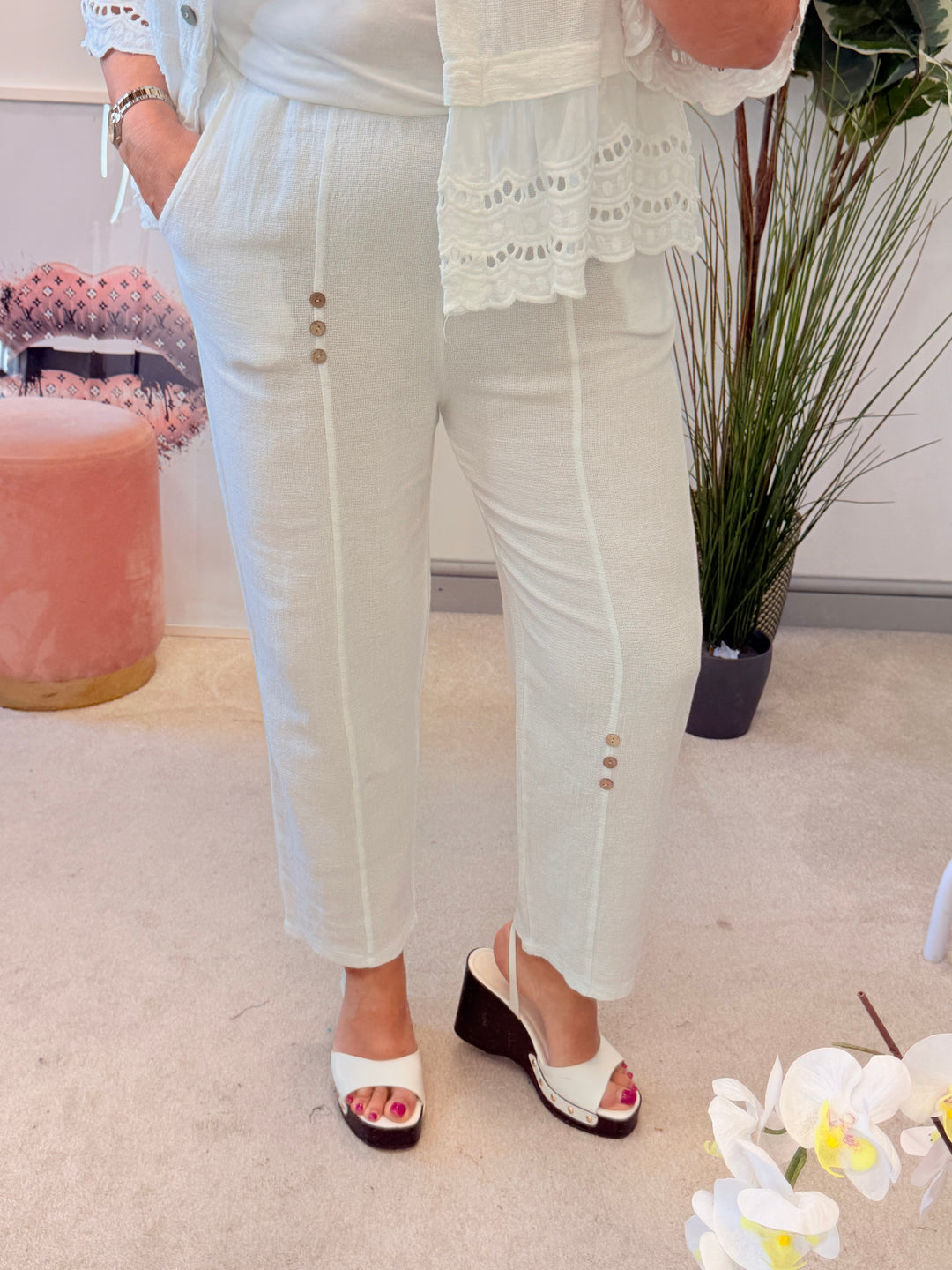 Ladies Tapered Leg Teabag Linen Ankle Grazer Trousers - Lemon, Black, Blue, Green, Beige, Turquoise & White