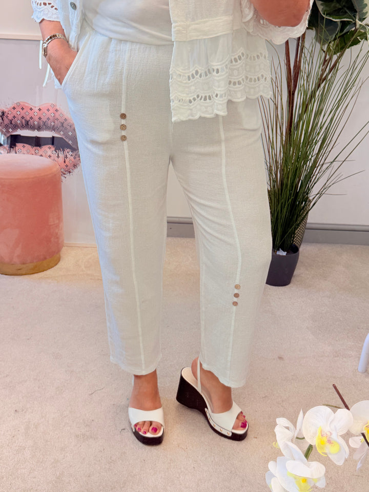 Ladies Tapered Leg Teabag Linen Ankle Grazer Trousers - Lemon, Black, Blue, Green, Beige, Turquoise & White