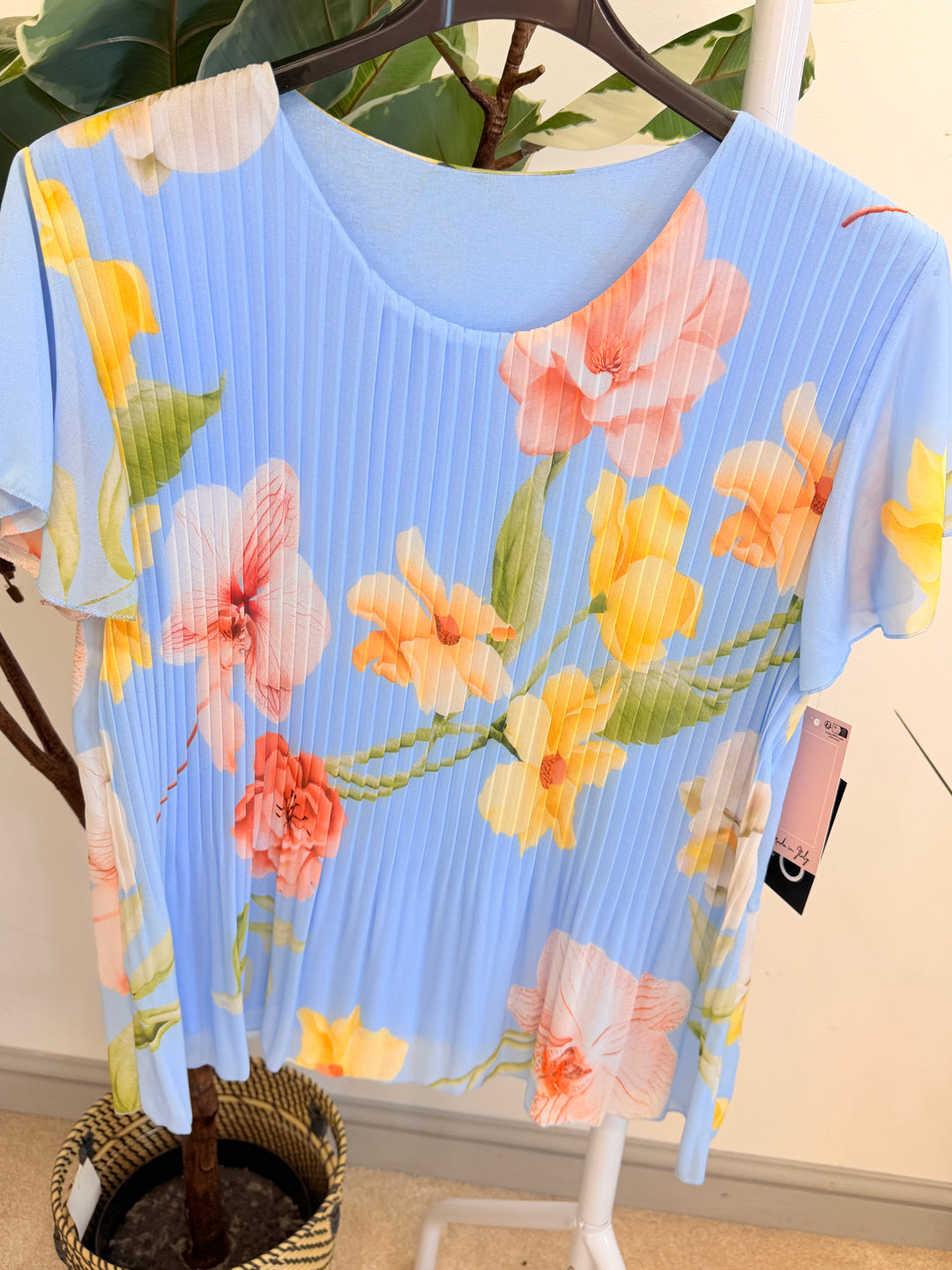 Ladies Pleated Floral Print Chiffon Top - Black, Cream, Blue, Lemon, Pink, Navy, Brown