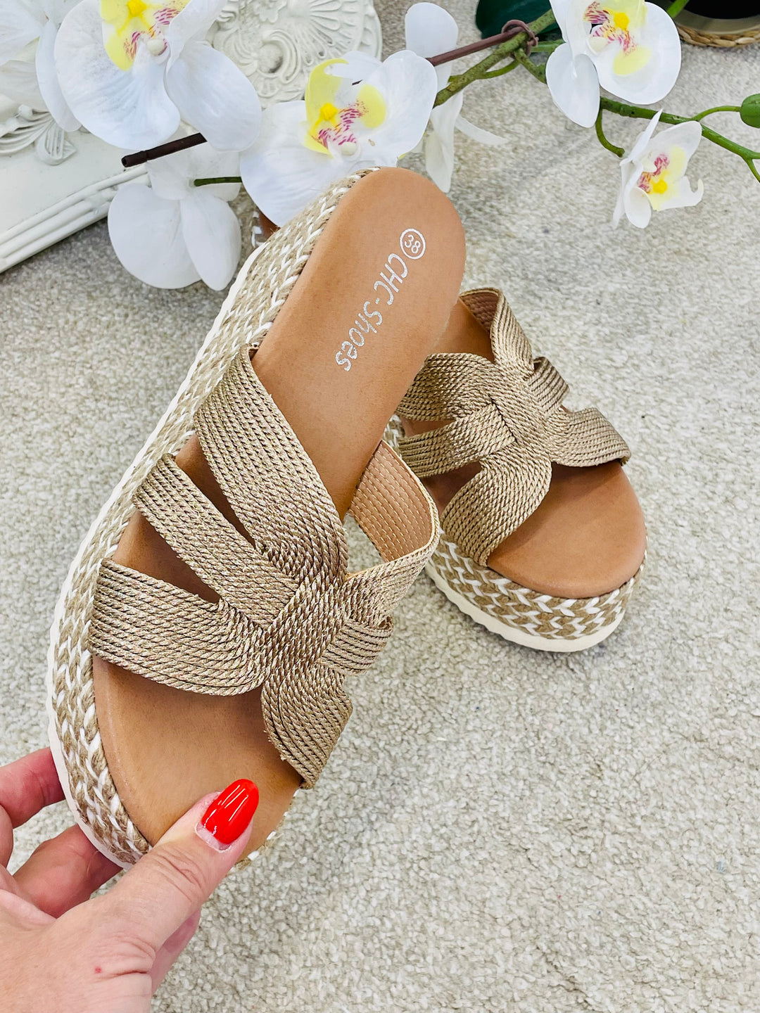 LADIES ROSE GOLD FLATFORM WEDGE HEEL SUMMER SANDALS 