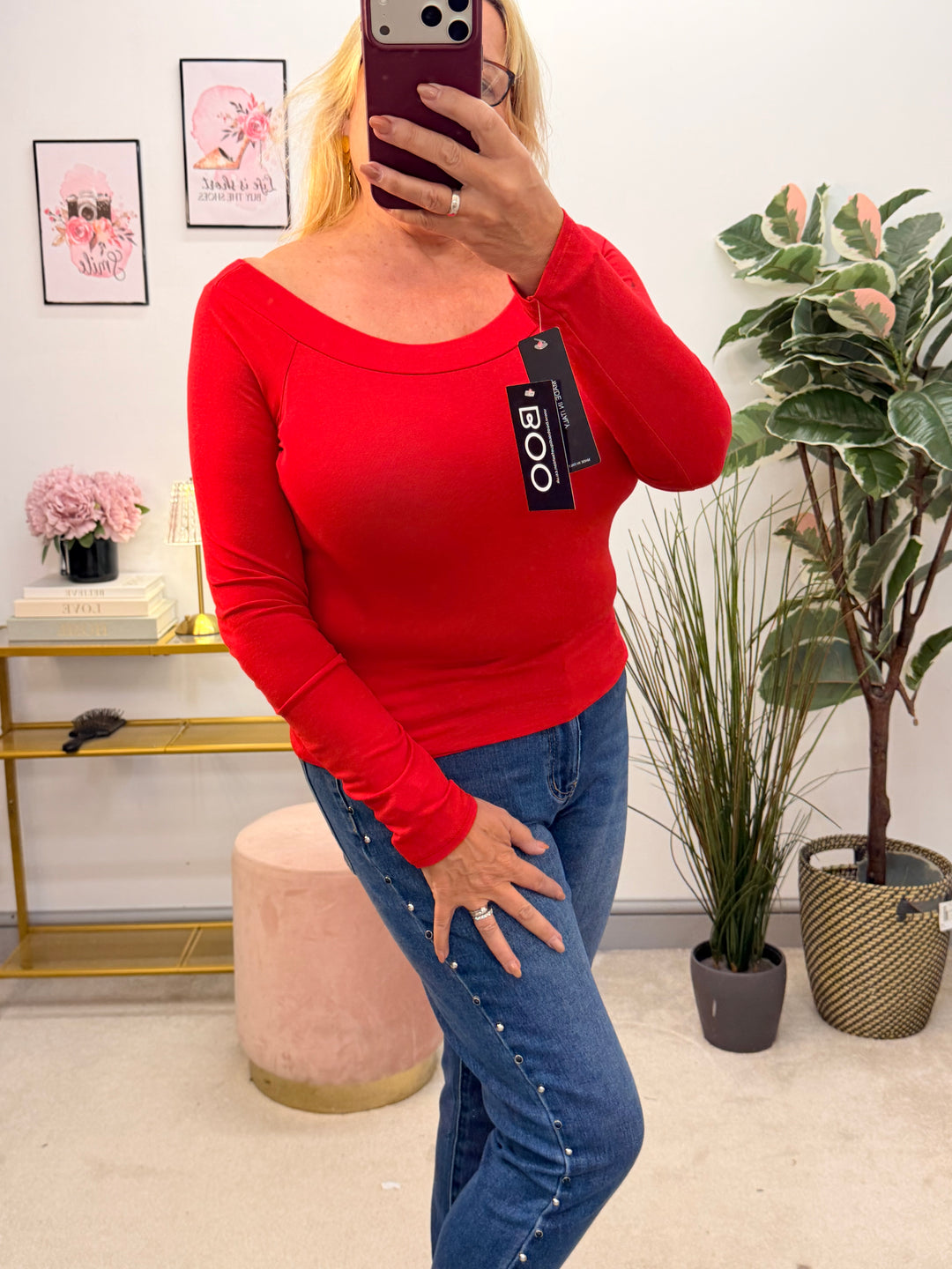 Ladies Fashion Boat Neck Fitted Long Sleeve Top - Red, Black, White & Brown