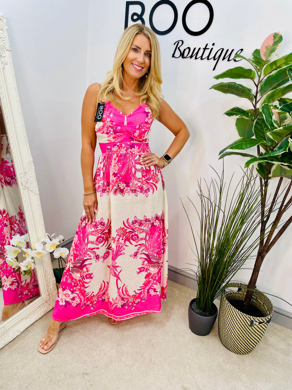 LADIES ORIENTAL PRINT SUMMER CAMI MAXI DRESS - PINK, BLUE & GREEN