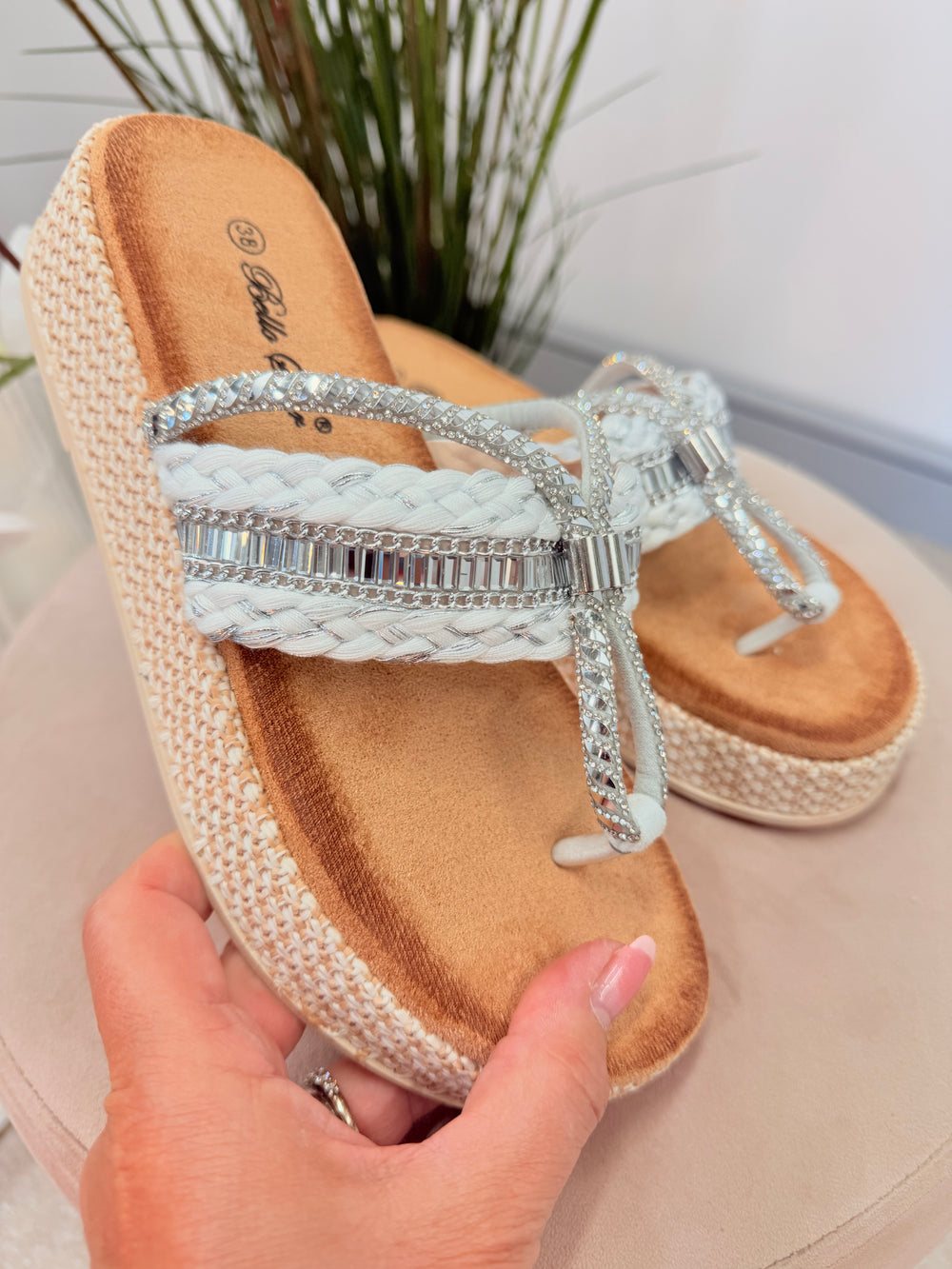 Ladies White & Silver Sparkly Summer Flatform Slider Sandals
