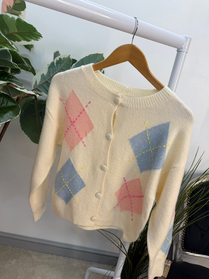 Ladies Fashion Diamond Argyle Cardigan - pink, blue & cream