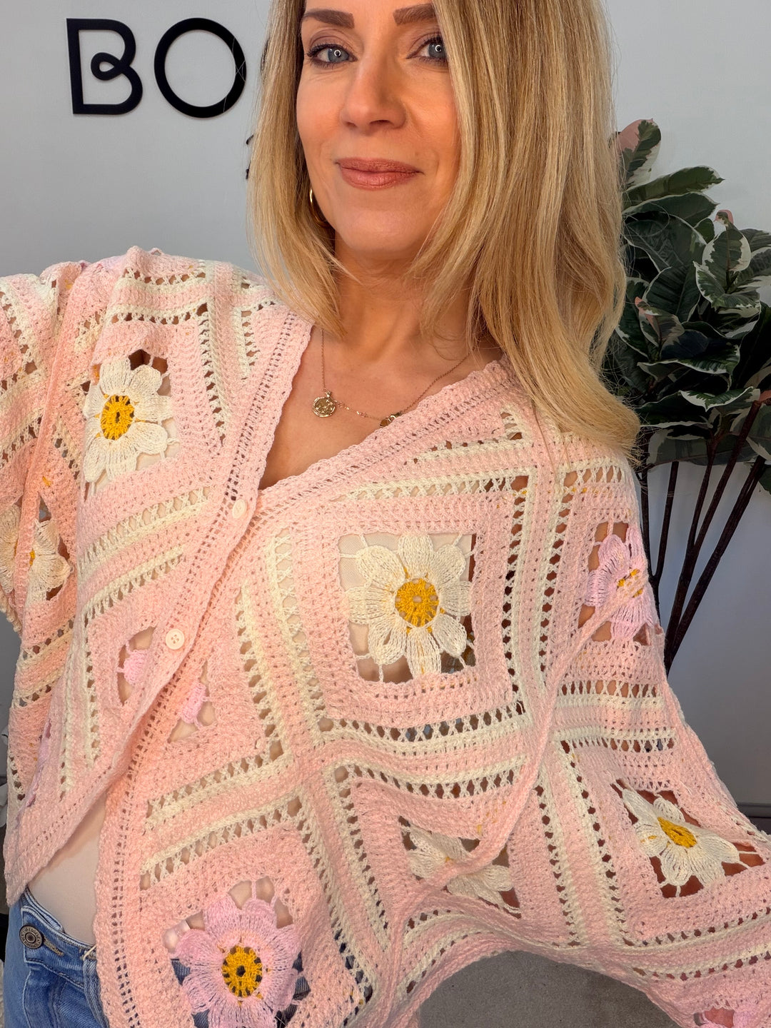 Ladies Fashion Crochet Shrug Cardigan - lemon, blue & pink