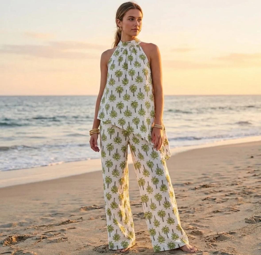Ladies Palm Tree Print Fashion Trouser Co Ord Set - Navy, White, Pink, Brown & Orange