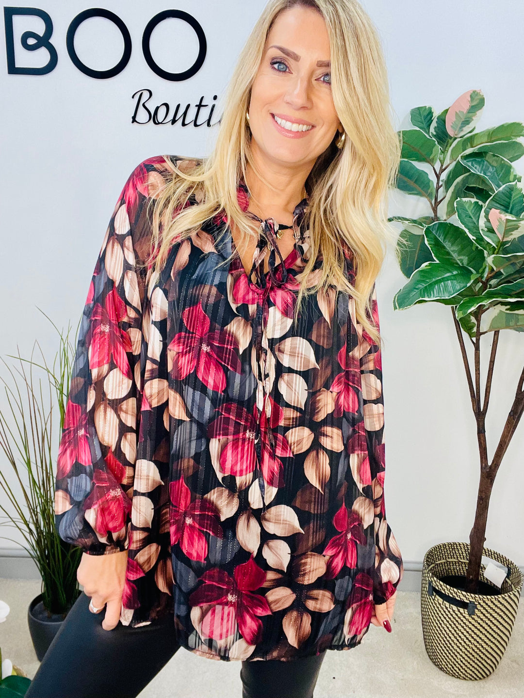 LADIES LEAF PRINT CHIFFON BLOUSE TOP - BROWN, BLACK & KHAKI