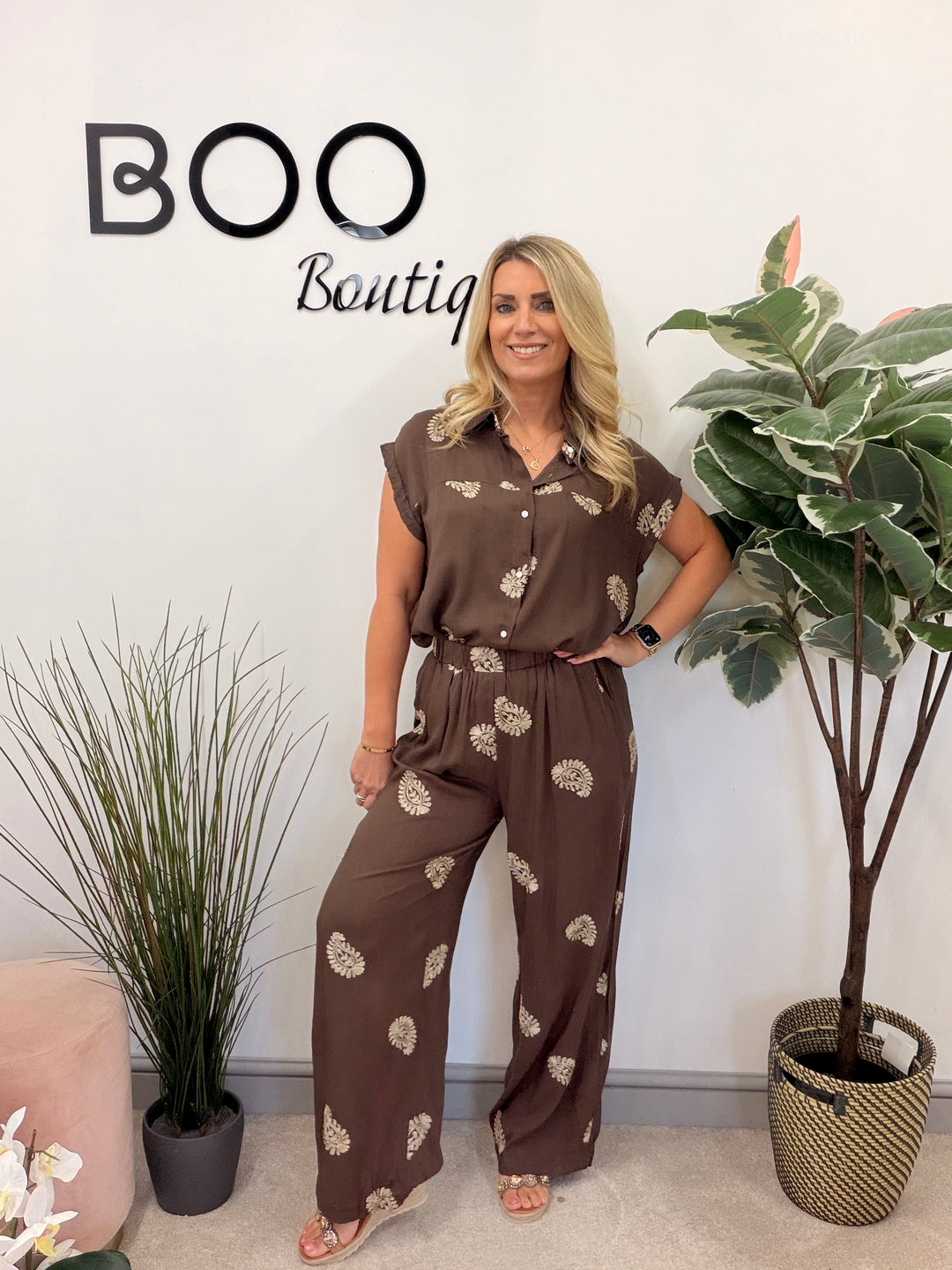 Ladies Fashion Wide Leg Trouser Co Ord Set - Brown, Black, White & Beige