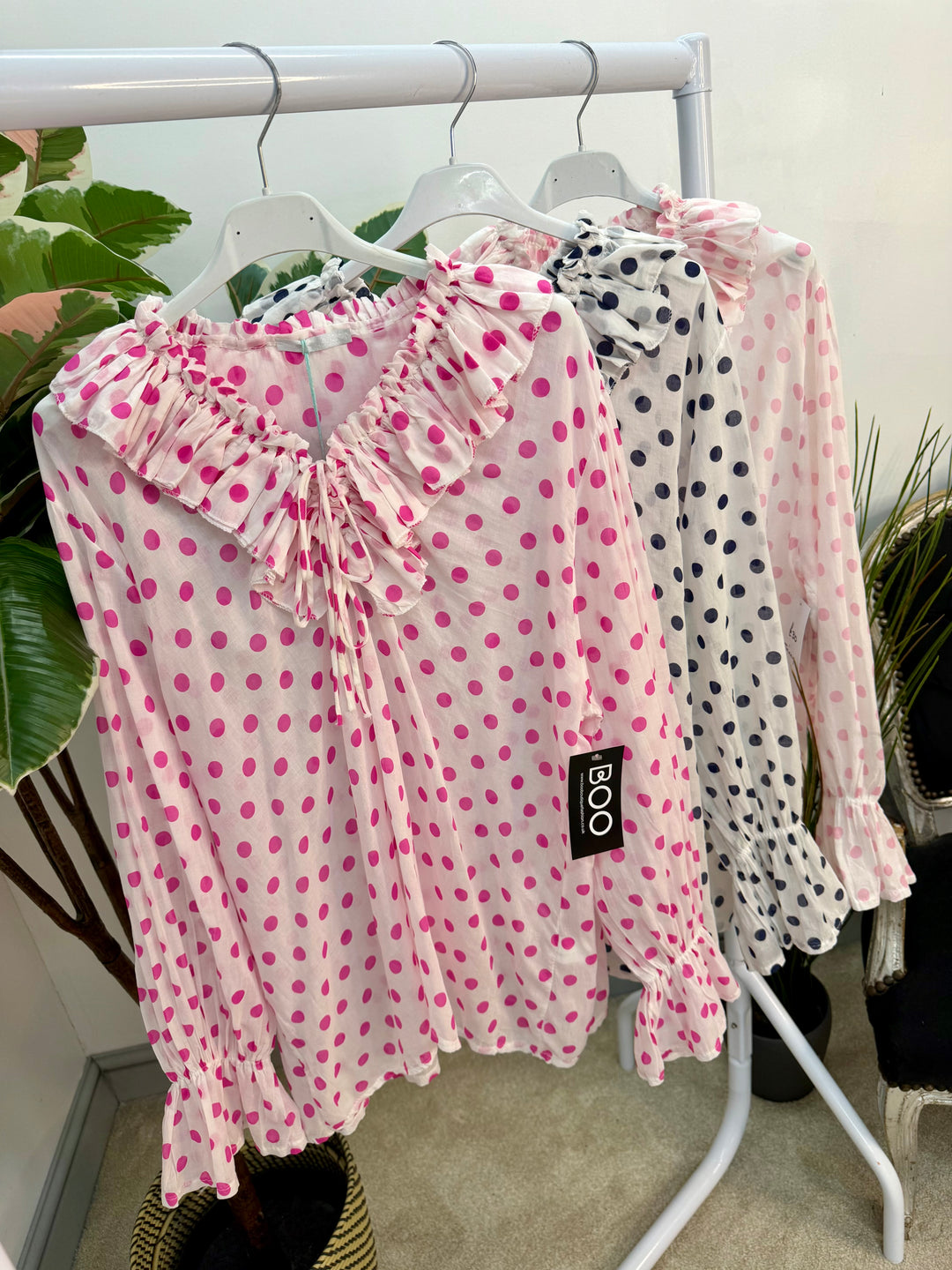 Ladies Fashion White Cotton Polka Dot Pretty Blouse - pink & navy