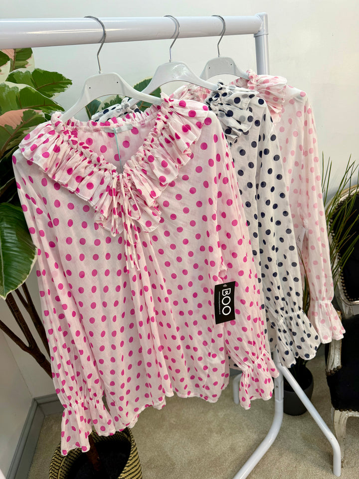 Ladies Fashion White Cotton Polka Dot Pretty Blouse - pink & navy