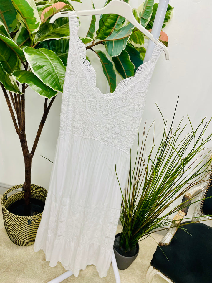LADIES CROCHET BOHO FEMININE PRETTY SUMMER DRESS - BEIGE, WHITE & BROWN