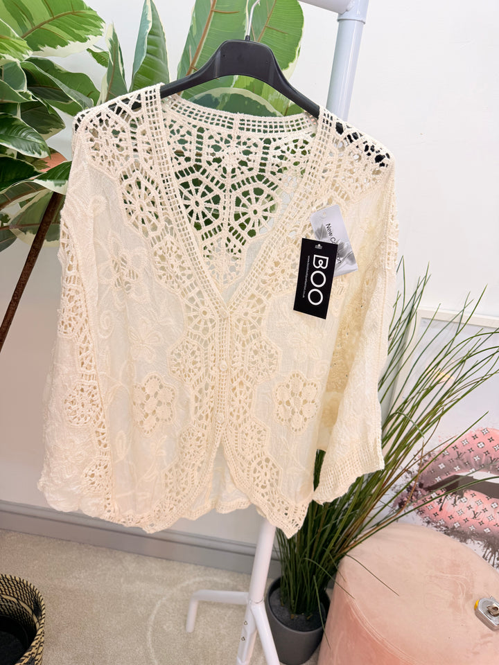 Ladies Fashion Crochet Bolero Top - white, beige, pink, lemon & turquoise