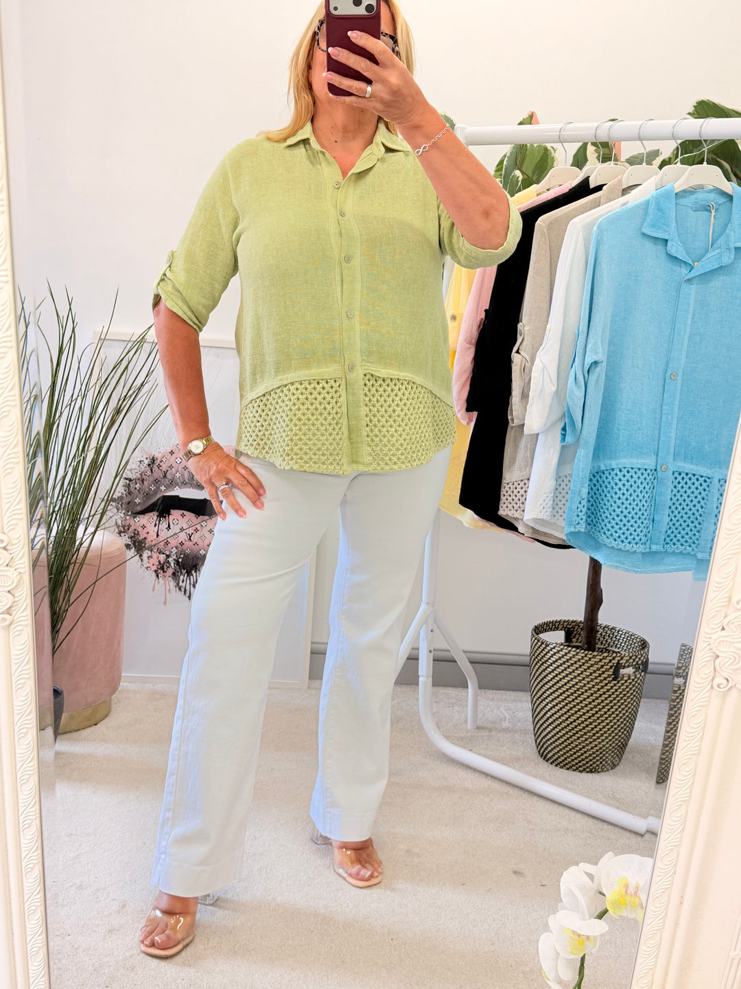 Ladies Teabag Linen Crochet Shirt Top green
