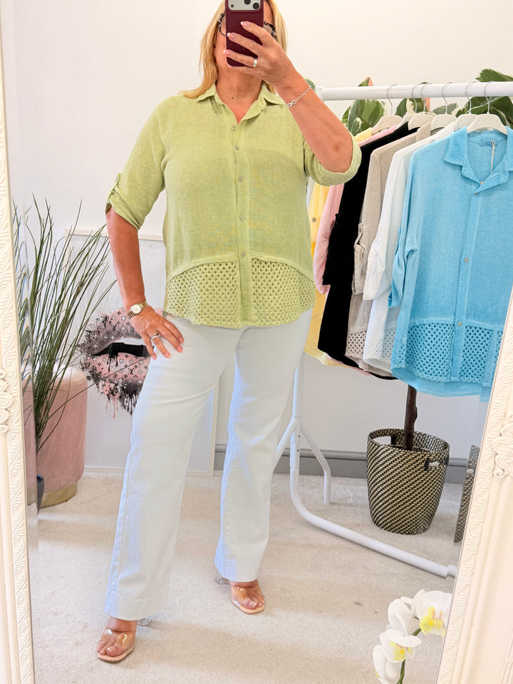 Ladies Teabag Linen Crochet Shirt Top green