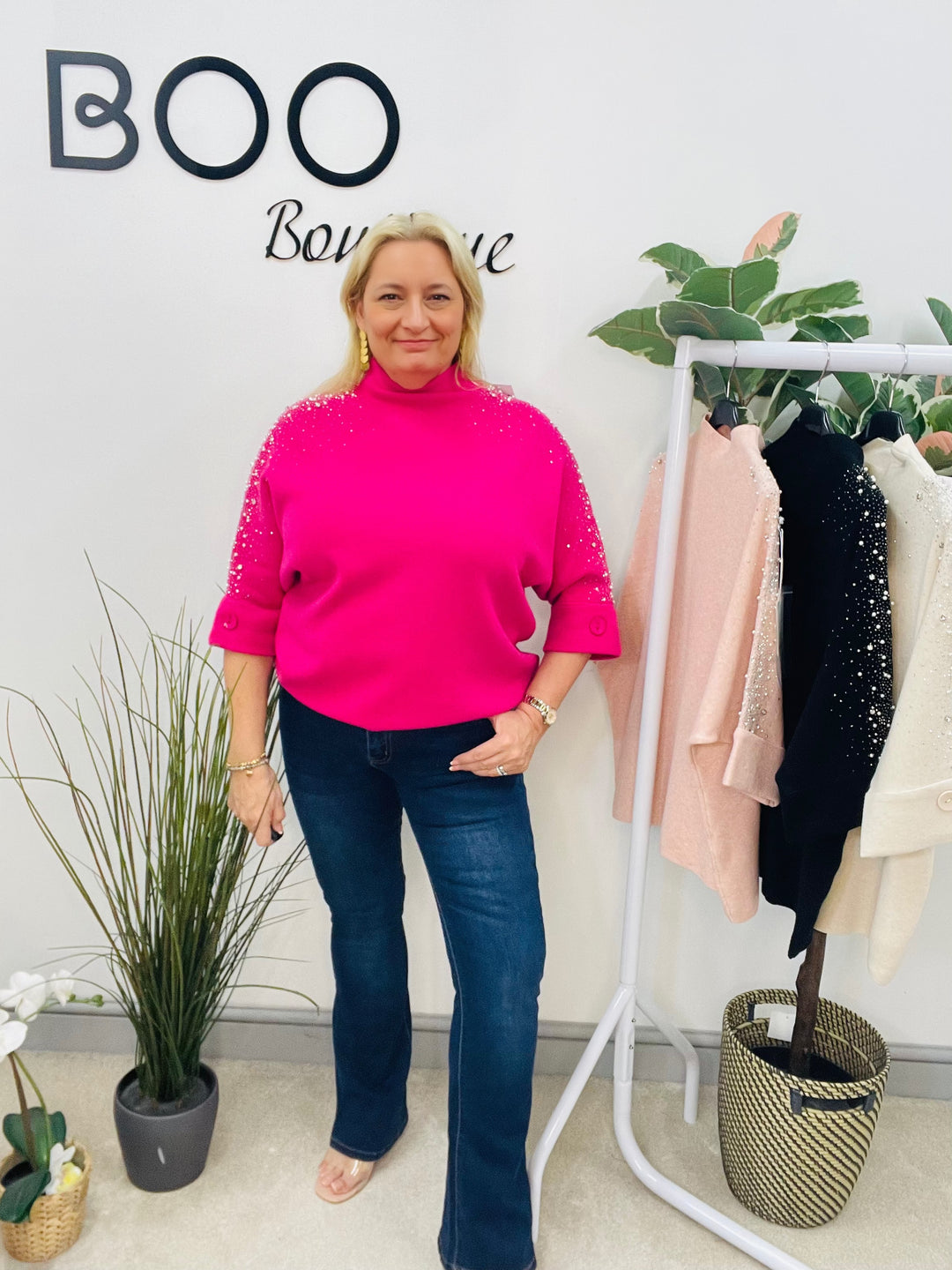 LADIES DIAMANTE SPARKLY JUMPER - FUSCHIA, PINK, BEIGE & BLACK