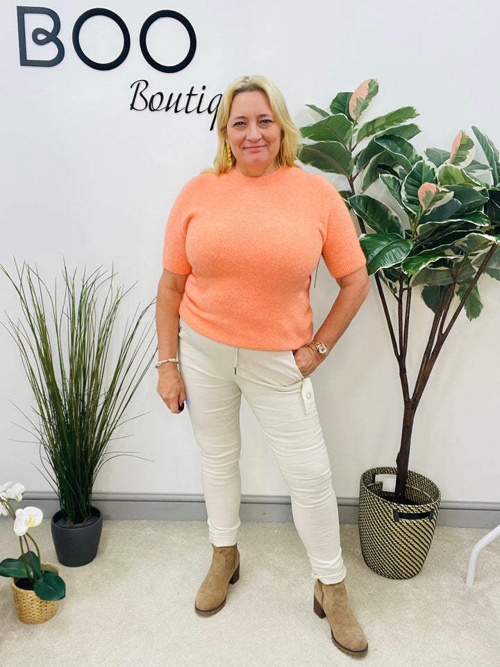 LADIES SOFT KNIT SHORT SLEEVE JUMPER PEACH