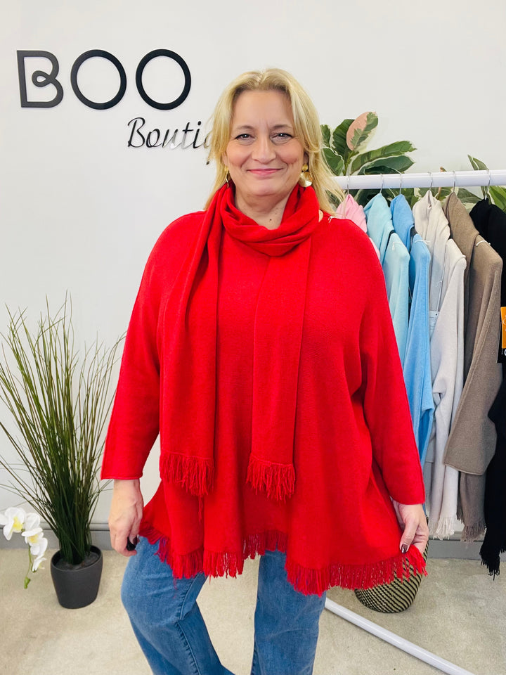 LADIES OVERSIZE JUMPER & SCARF SET RED