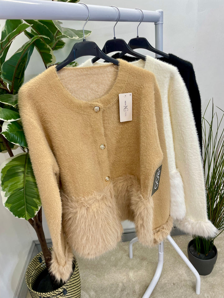 LADIES KNITTED FLUFFY FAUX FUR CARDIGAN - CAMEL, CREAM & BLACK