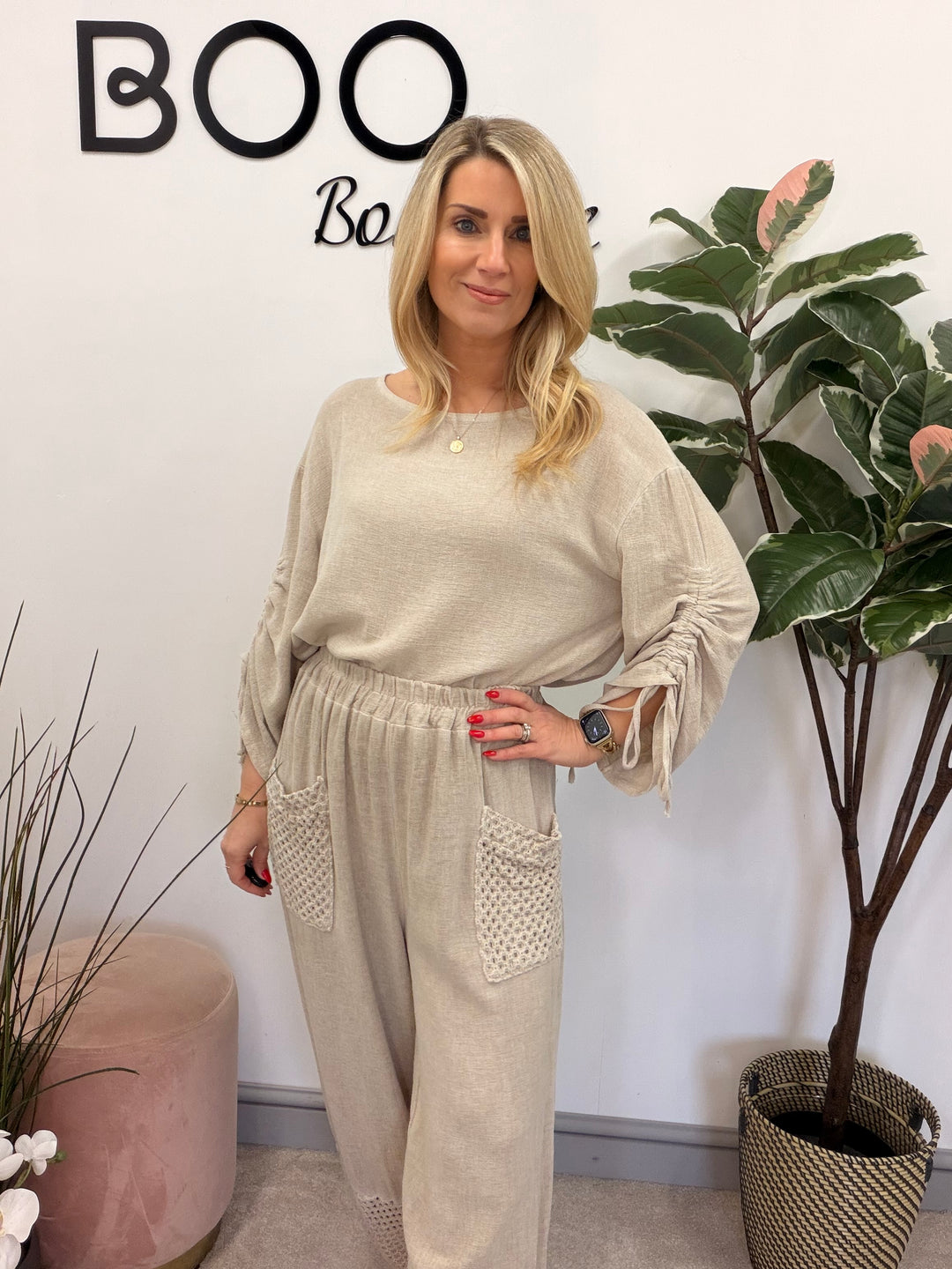 Ladies Fashion Ruche Sleeve Teabag Linen Top  light beige