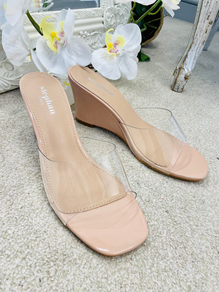 LADIES CLEAR NUDE WEDGE HEEL SUMMER SANDALS 