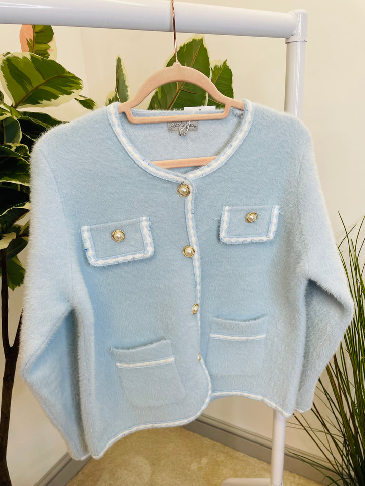 LADIES FLUFFY KNIT INSPIRED STYLE CARDIGAN - PINK & BLUE