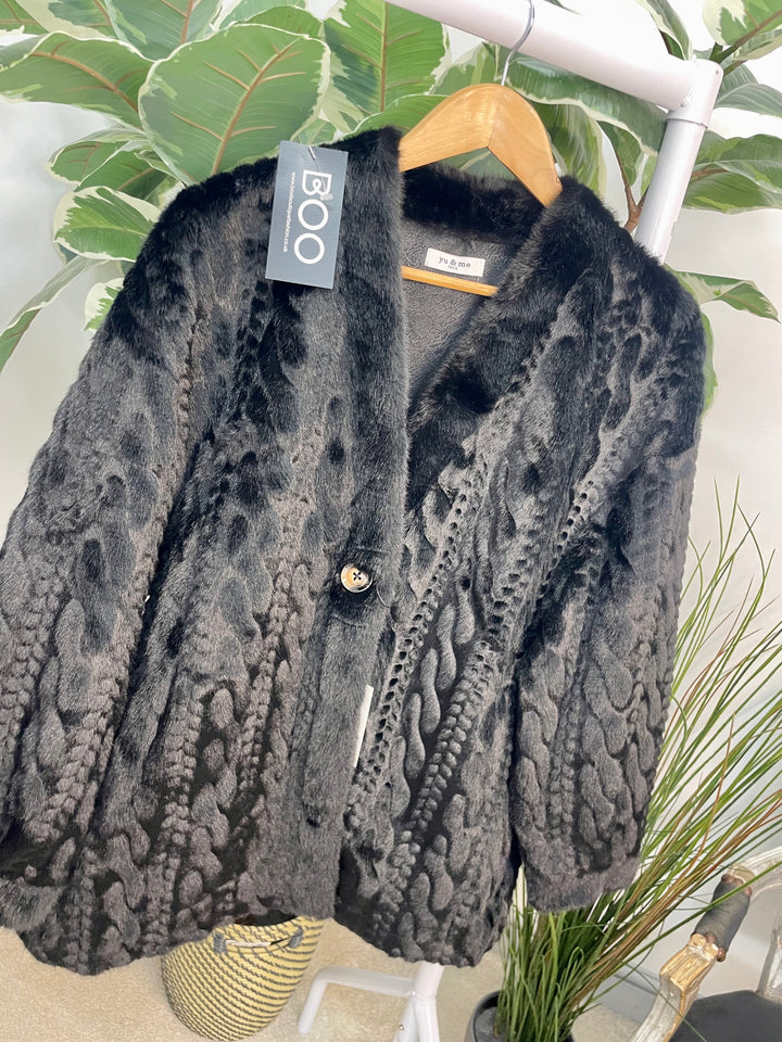 LADIES FASHION CABLE FAUX FUR JACKET - BEIGE, BROWN & BLACK
