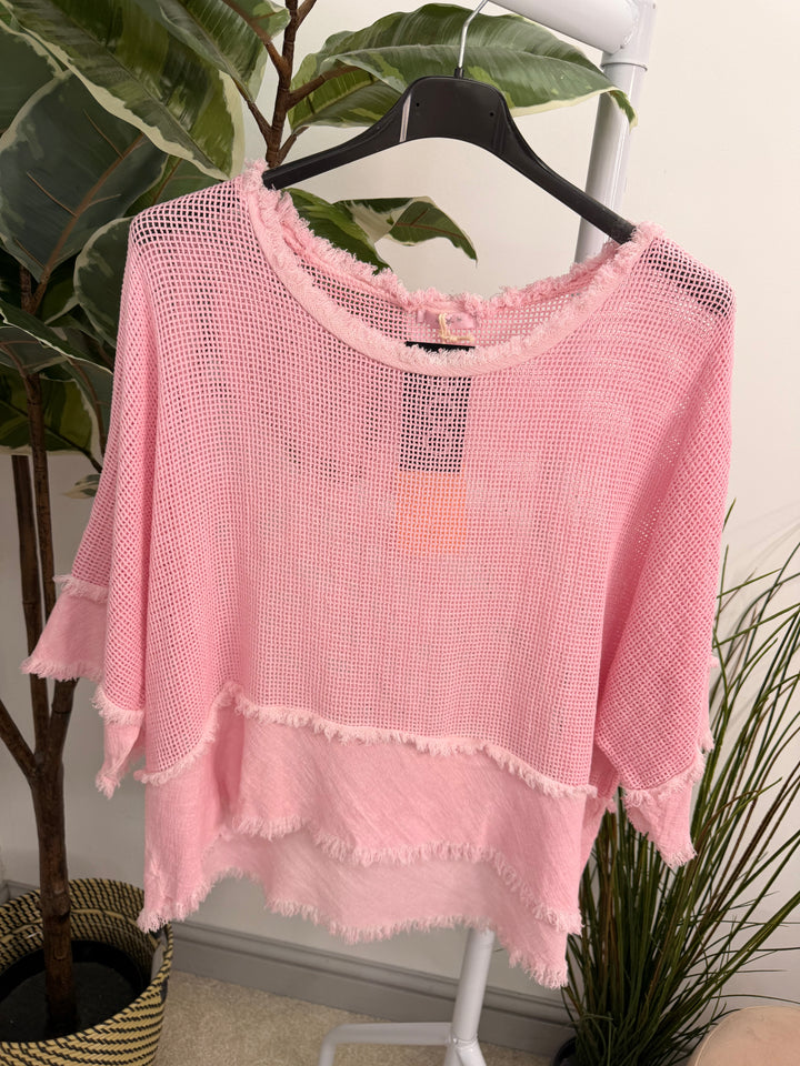 Ladies Tea Bag Linen Top candy pink