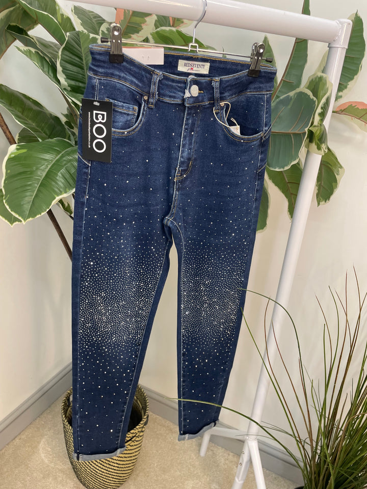 LADIES DIAMANTE SPARKLY BLUE SKINNY JEANS