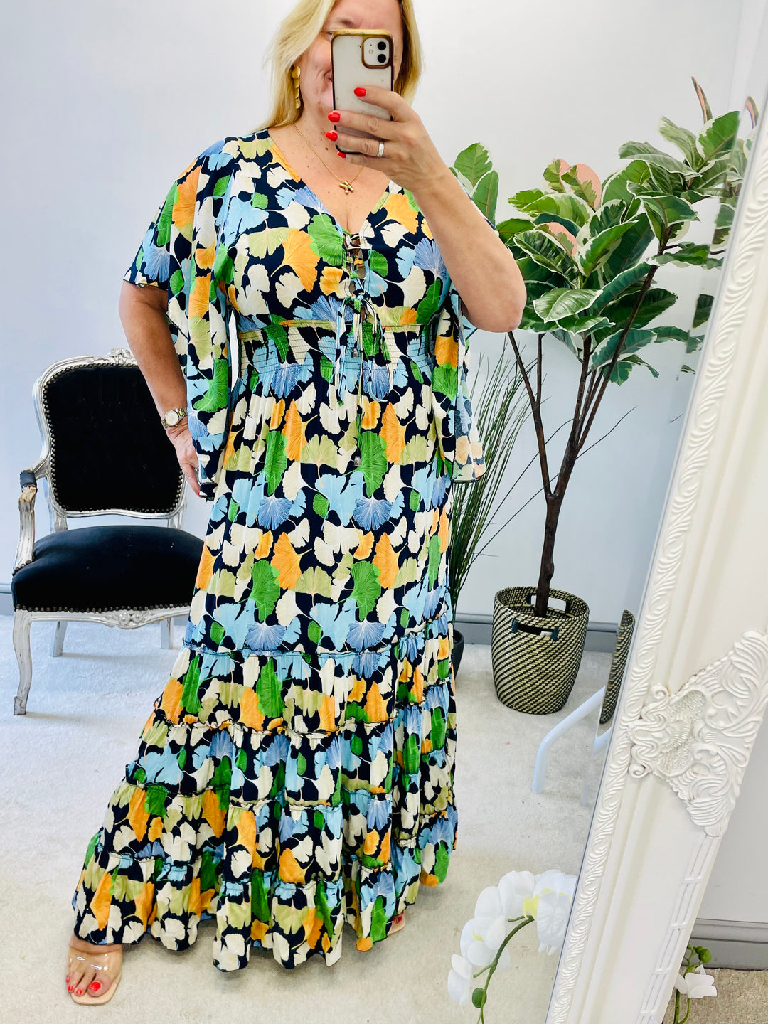 LADIES NAVY & ORANGE TROPICAL PRINT SUMMER MAXI DRESS